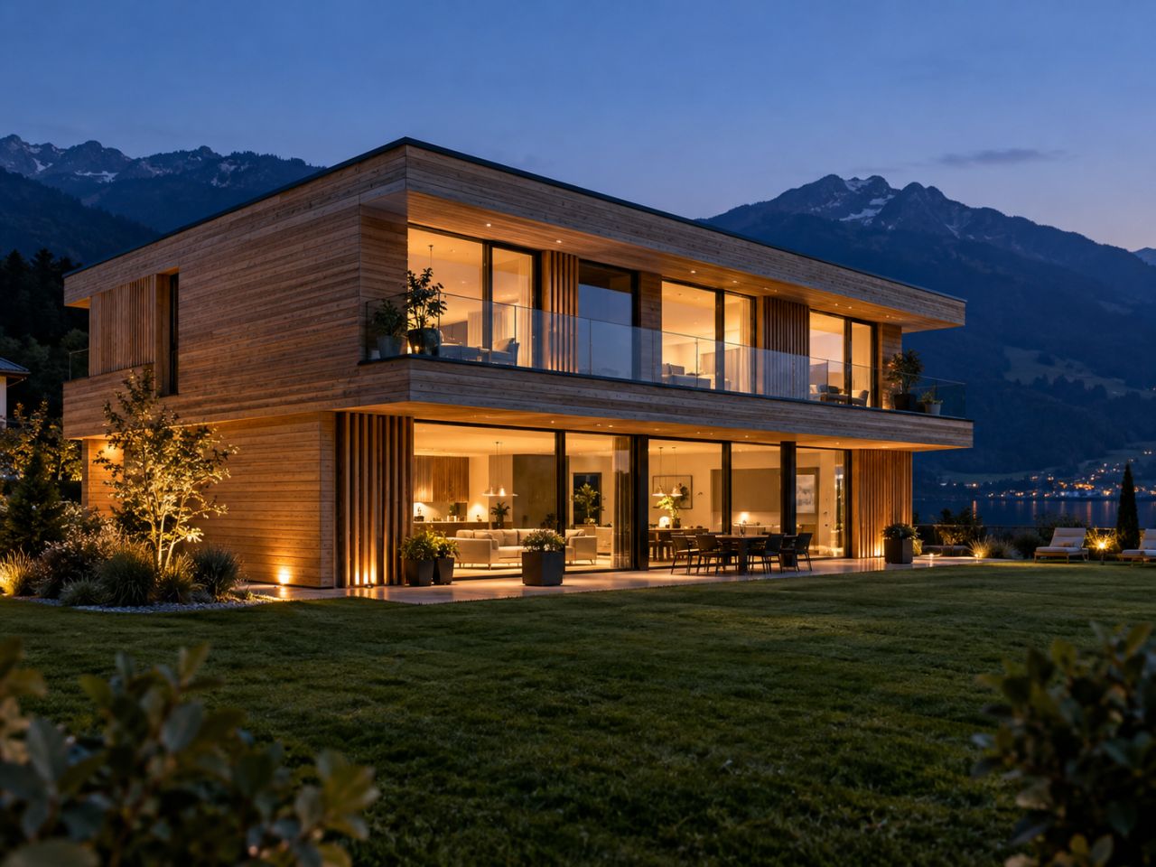 Modern timber house at dusk