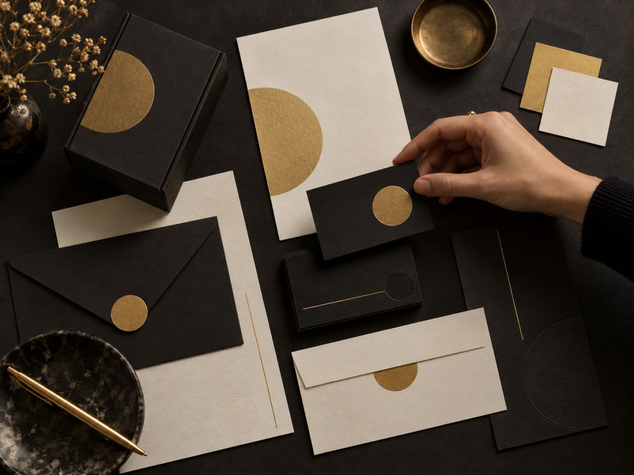 Brand identity elements laid out on a desk