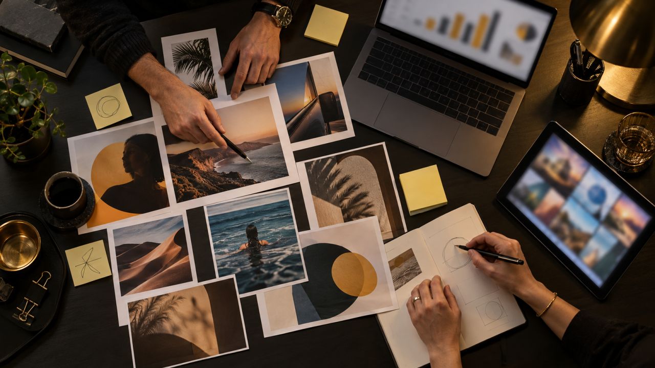 Workshop: ad layouts, notes and a laptop showing charts