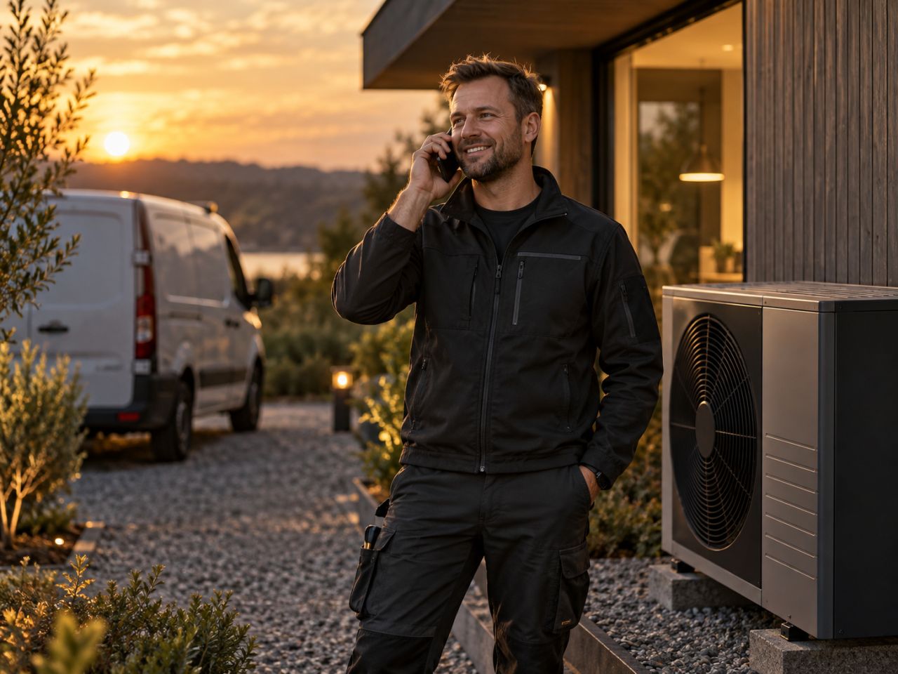 Heat pump installer taking a call from a customer